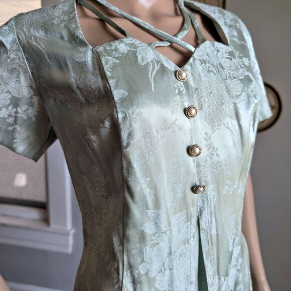 Vintage 90s Sarah Richards Maxi Dress Sage Green Floral Embossed Cottagecore 11 - Picture 8 of 14